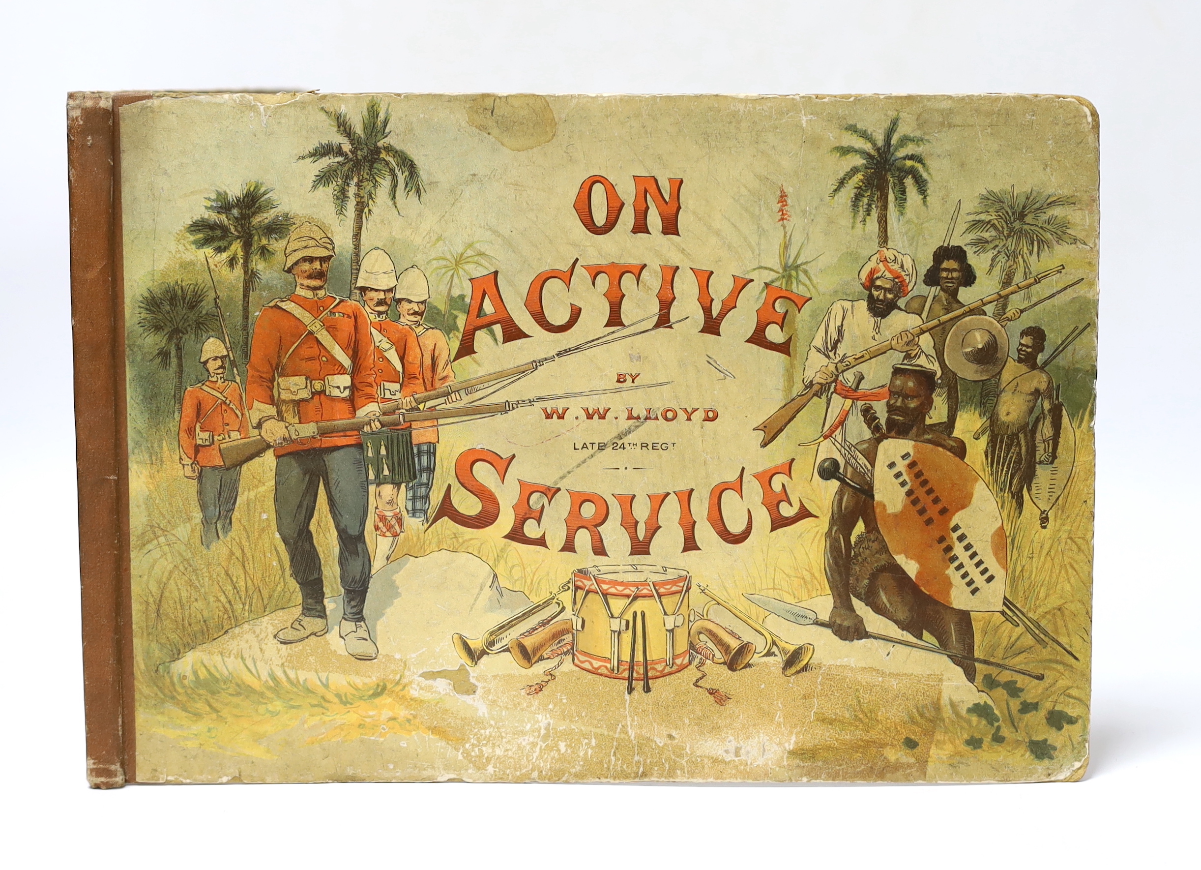 Lloyd, W.W. - On Active Service. colour printed title and 19 captioned plates within ruled borders; publisher's cloth backed coloured pictorial boards, oblong 8vo. 1890